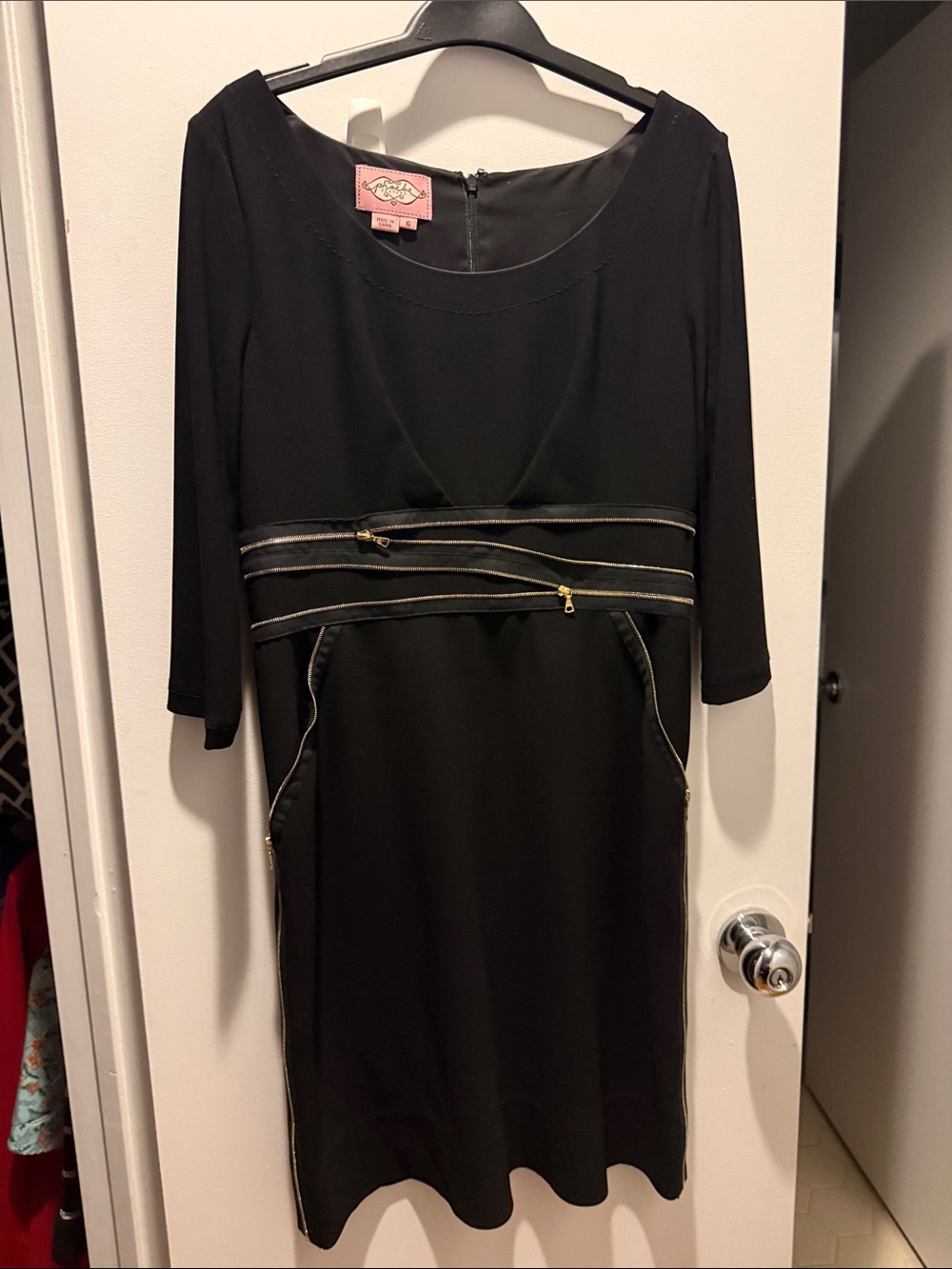 Phoebe Couture Black Long-Sleeve Sheath Dress with Gold Zip Detail